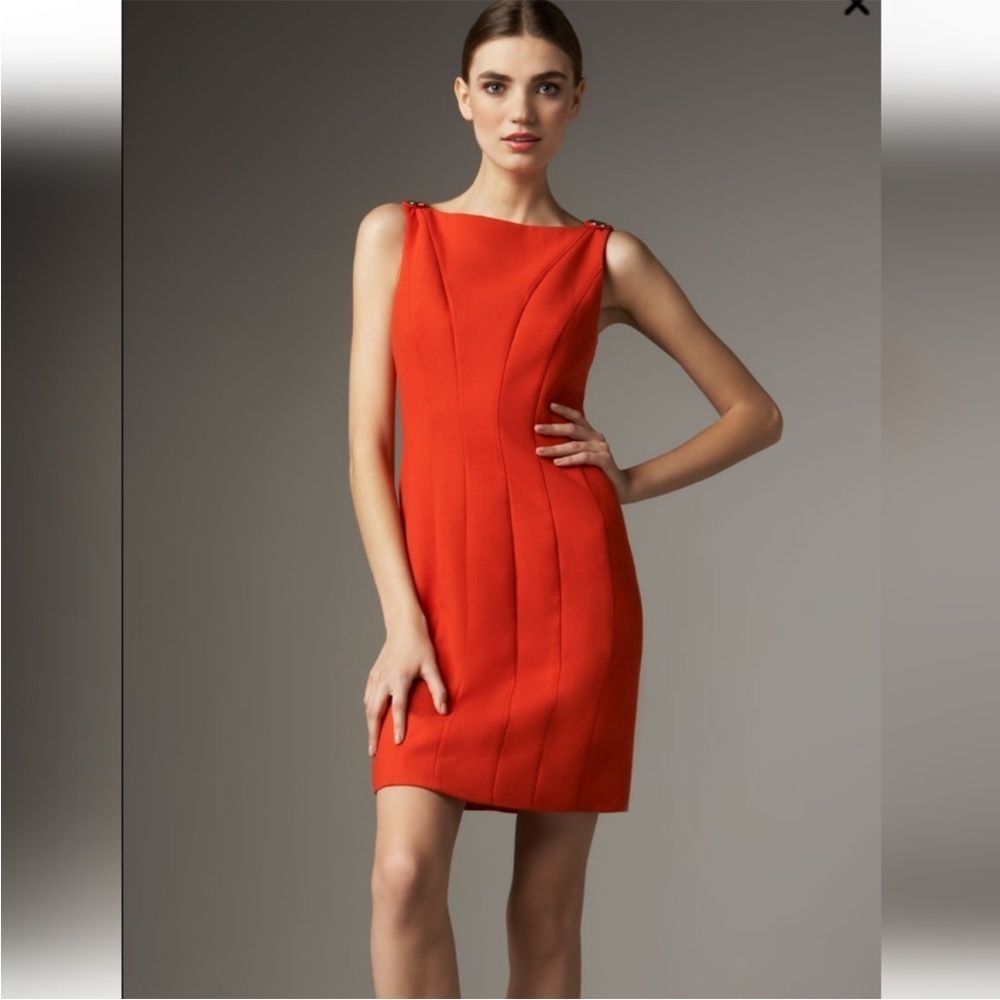 Tory Burch Vivian Ponte Sheath Dress Orange Wool Blend Gold Button Size 6
